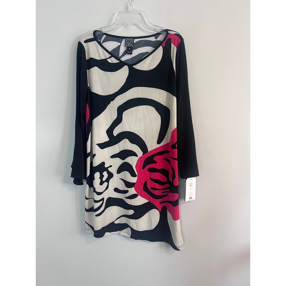 Clara Sunwoo Abstract Floral Tunic Top Black Pink Ruffle Cuff TU824P2 New
